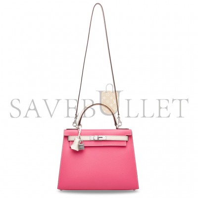 HERMÈS ROSE AZALÉE & CRAIE EPSOM LEATHER SELLIER KELLY 25 WITH BRUSHED PALLADIUM HARDWARE (25*17*7cm) 